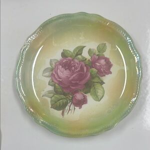 German Franz Mehlem Rose Floral Decorative Plate with Green and Pink Design